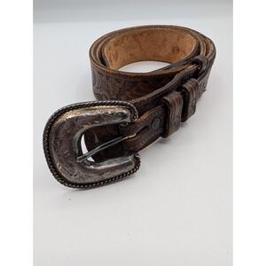 Vintage Justin USA Tooled Leather Ranger Belt 144CH Chestnut Brown Silver Sz. 36